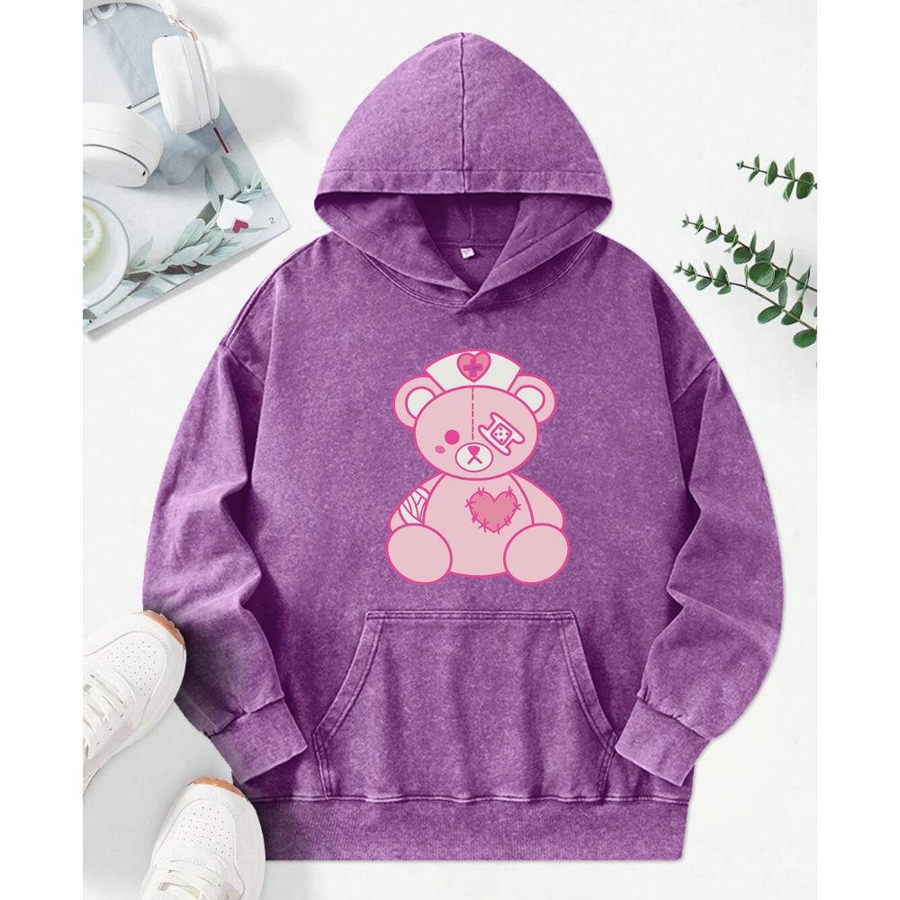 Broken Bear Creative Print Women Snow Wash Hoodie Autumn Loose Hoody Casual Soft Pullovers Vintage Cotton