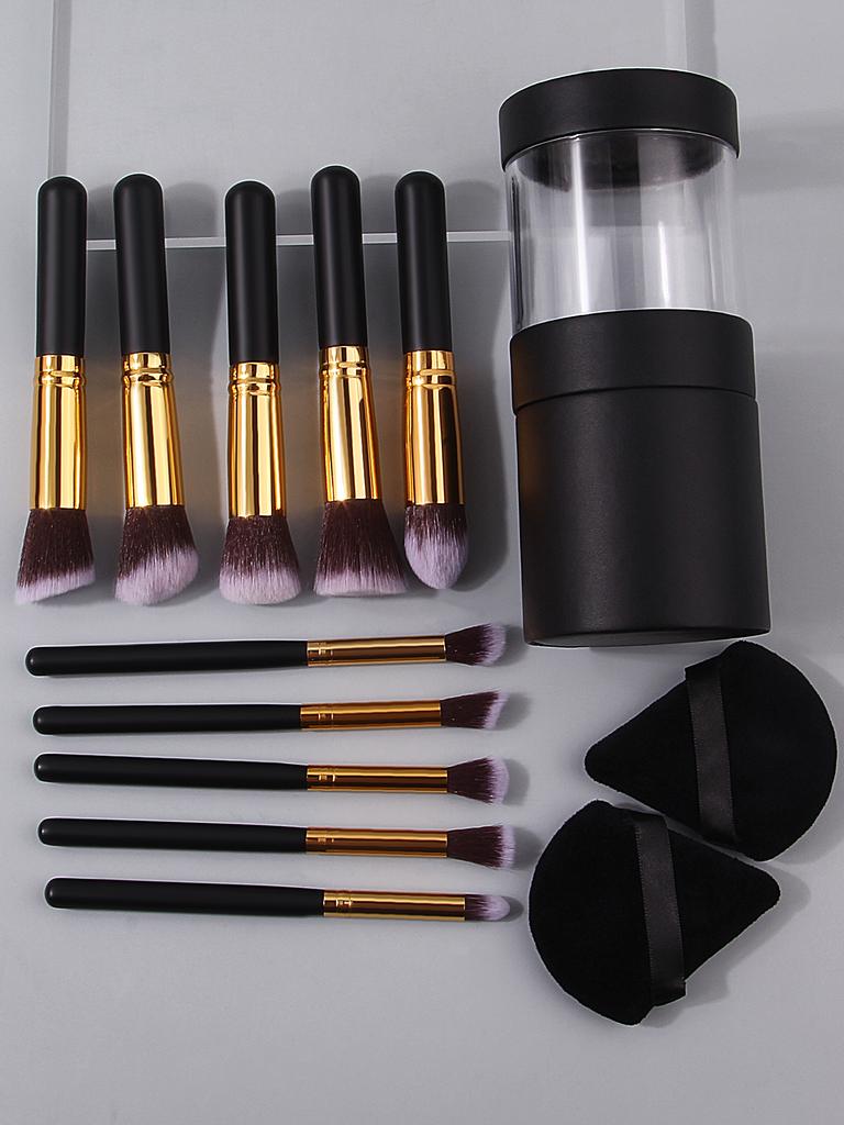 13PCS Black PU Storage Bucket Set of 10 Soft-bristled Makeup Brushes, Portable Dry and Wet Dual-purpose Sponge Powder Puff Set