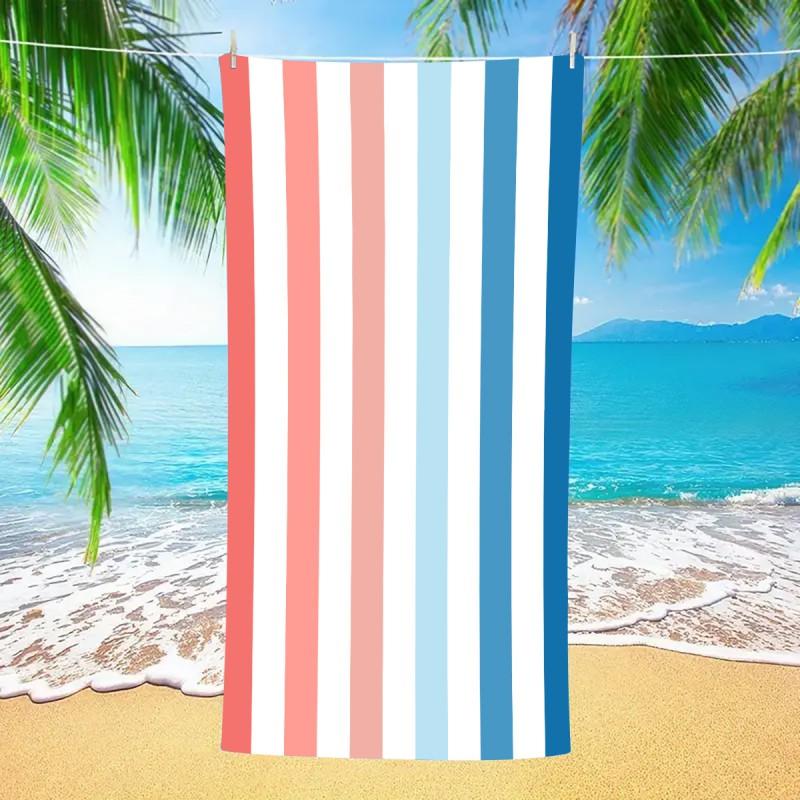 Double-Sided Plush Beach Towel With Color-Block Vertical Stripes Quick-Dry Sand-Resistant Large Size Swimming Pool Vacation
