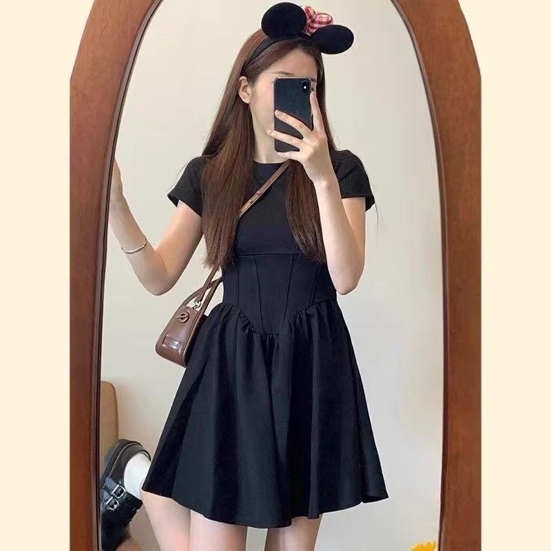 Feeling Hepburn style women's summer new design feeling waist and thin age reduction short dress black dress