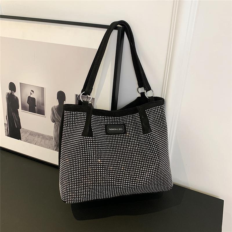 Hasp Pu Ladies Shoulder Bags Rhinestone Design Sewing Thread Bags for Women New Fashion Underarm Shopper Totes CLE