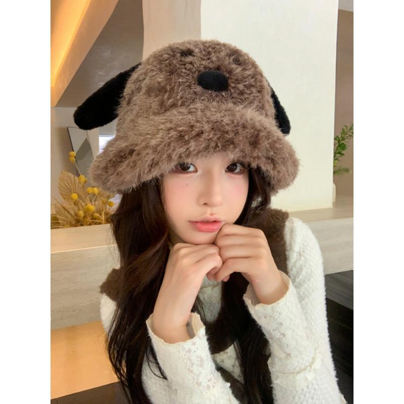 Women Students Cute Plush Dog Long Ear Bucket Hat Autumn Winter Warm Windproof