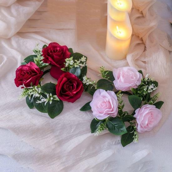 Artificial Rose Wreath Candle Ring Pillar Candle Holder Spring Green Leaves Flower Garland Home Wedding Party