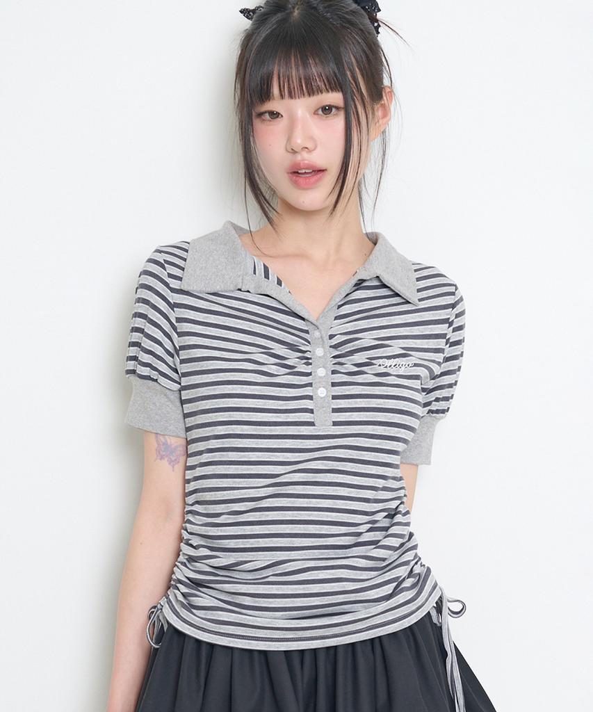 ILLIGO Striped Shirred Collared Tee Charcoal