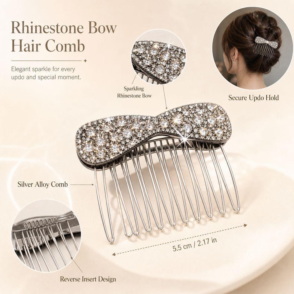 Silver Bow Hair Comb Bow Shape Updo Hair Comb Gifts Back-of-head Bun Hairbrush Updo Styling