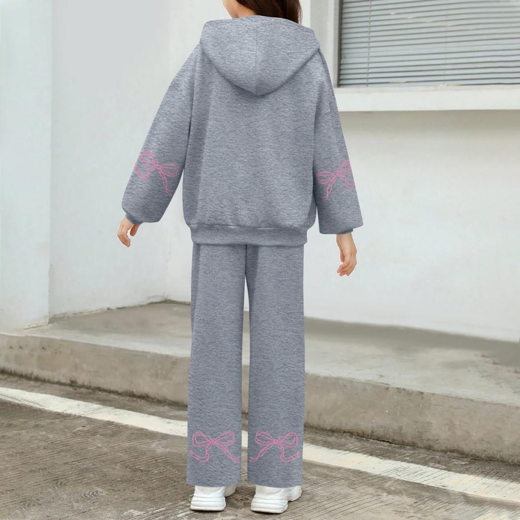 Kids' Plush Long Sleeve Long Pants Loose Pullover Bow Print Hoodie Set