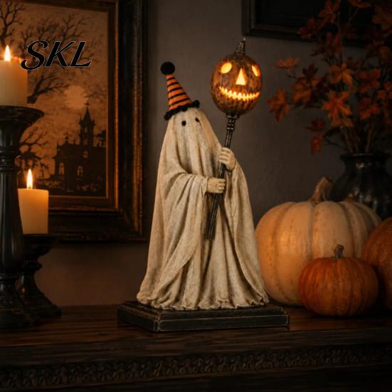 Textured Resin Halloween Statue Vintage Ghost Figurine with Glowing Pumpkin Scepter, Ornament Striped Hat LED Light, Lighted Decoration for