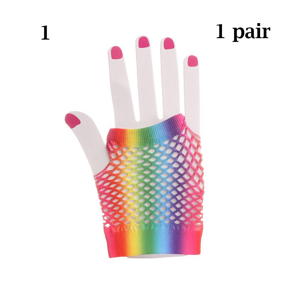 Fashion Wedding Party Colorful Disco Dance Hollow Out Holes Gloves Fingerless Mesh Net Rainbow