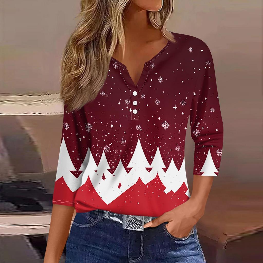Жен. Футболка Футболка С принтом Пуговицы Рукав 3/4 Повседневные Выходные Мода Классический V-образный вырез Обычный Топ