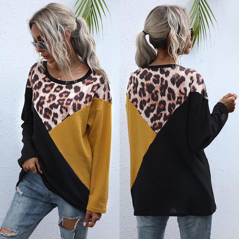Comfortable Tops Shirts Fashionable and Casual Temperament Top Women Leopard Print Splicing Round Neck Loose Long Sleeve Mid-Length Knit Sweater