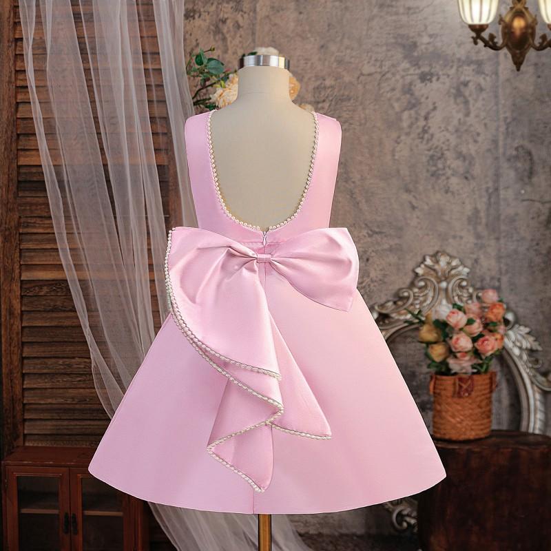 Girls Formal Dress Toddler Teen Party Gown Pearl Backless Puffy Skirt Bow Princess Flower Girl Wedding Holiday Event