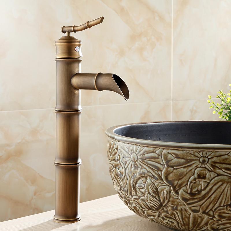 Basin Faucet Antqiue Brass Bamboo Waterfall Bathroom Sink Faucet Single Lever Deck Bath Toilet Mixer Water Tap WC Taps ZLY-6660