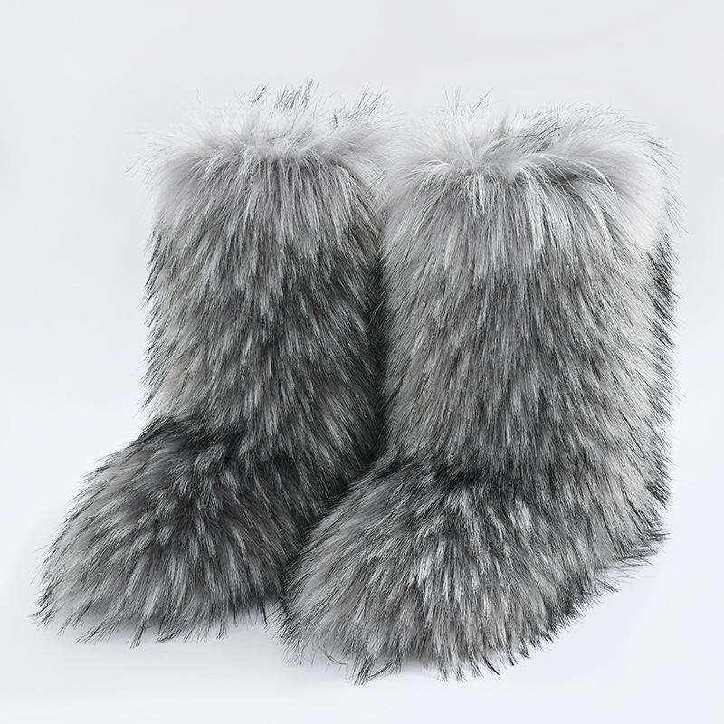 Faux Snow Fur Fox Winter Boots Mid Calf Boots Womens Winter Fur Fur Boots
