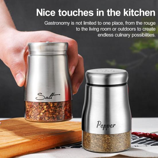 2 шт., 120 мл, шейкер для соли и перца из нержавеющей стали, прозрачное стекло, большая емкость, многоразовый дозатор для приправ, контейнер для бутылок для специй, кухонные гаджеты