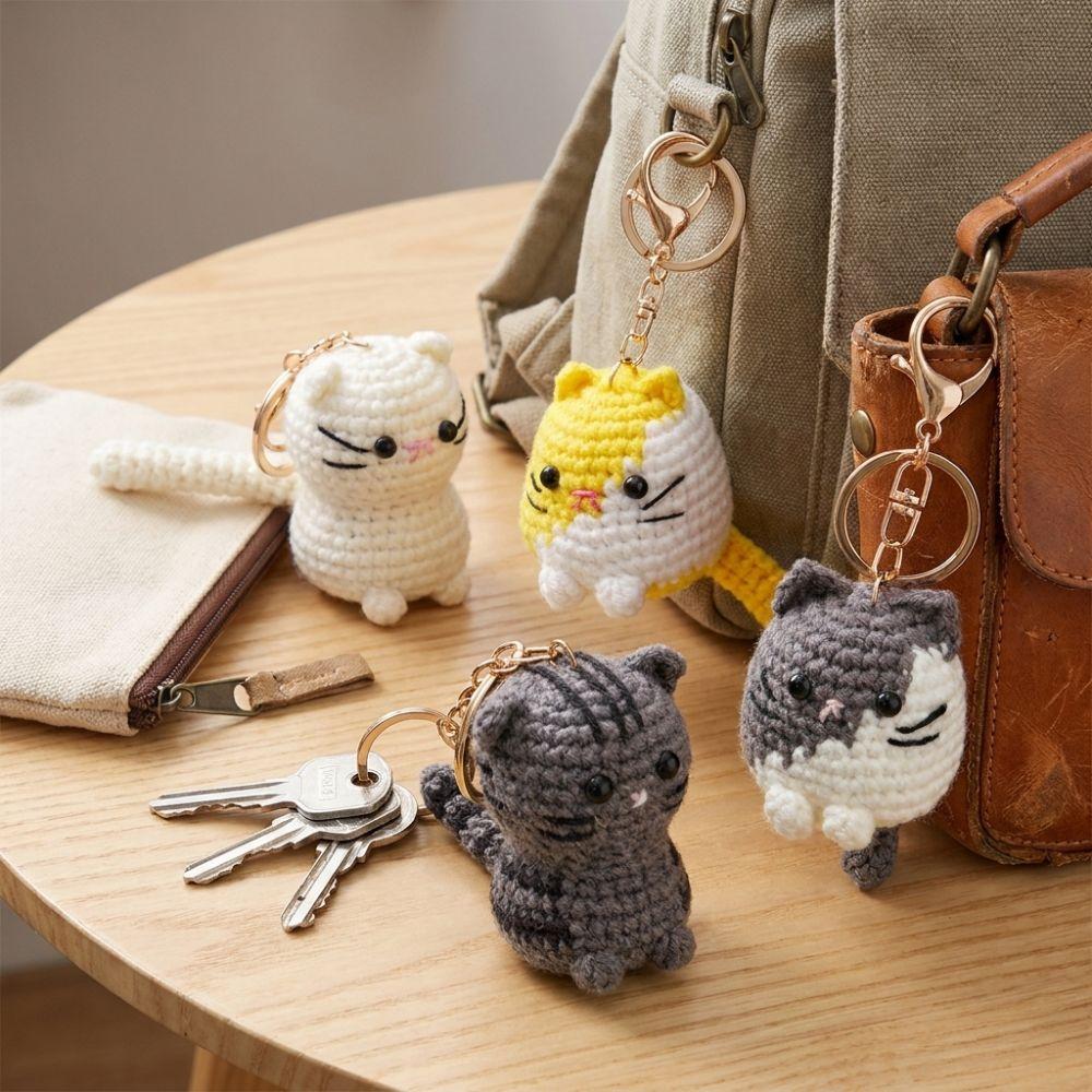 Multi-color Handwoven Cat Pendant Handmade Cat Plush Keychain Backpack Accessory