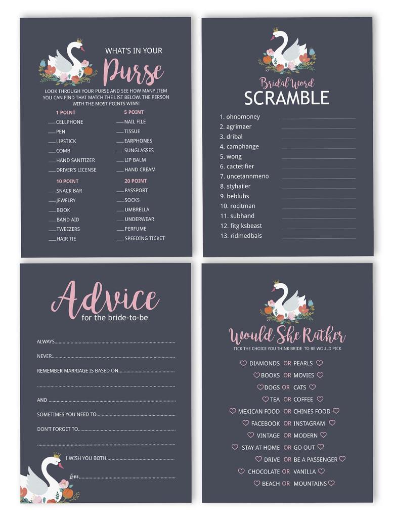 Inkdotpot Bachelorette Party Games Set Bundle Of 4(50 Sheets Each) W Miss To Mrs Gold Banner Swan Fun Bridal Shower Games