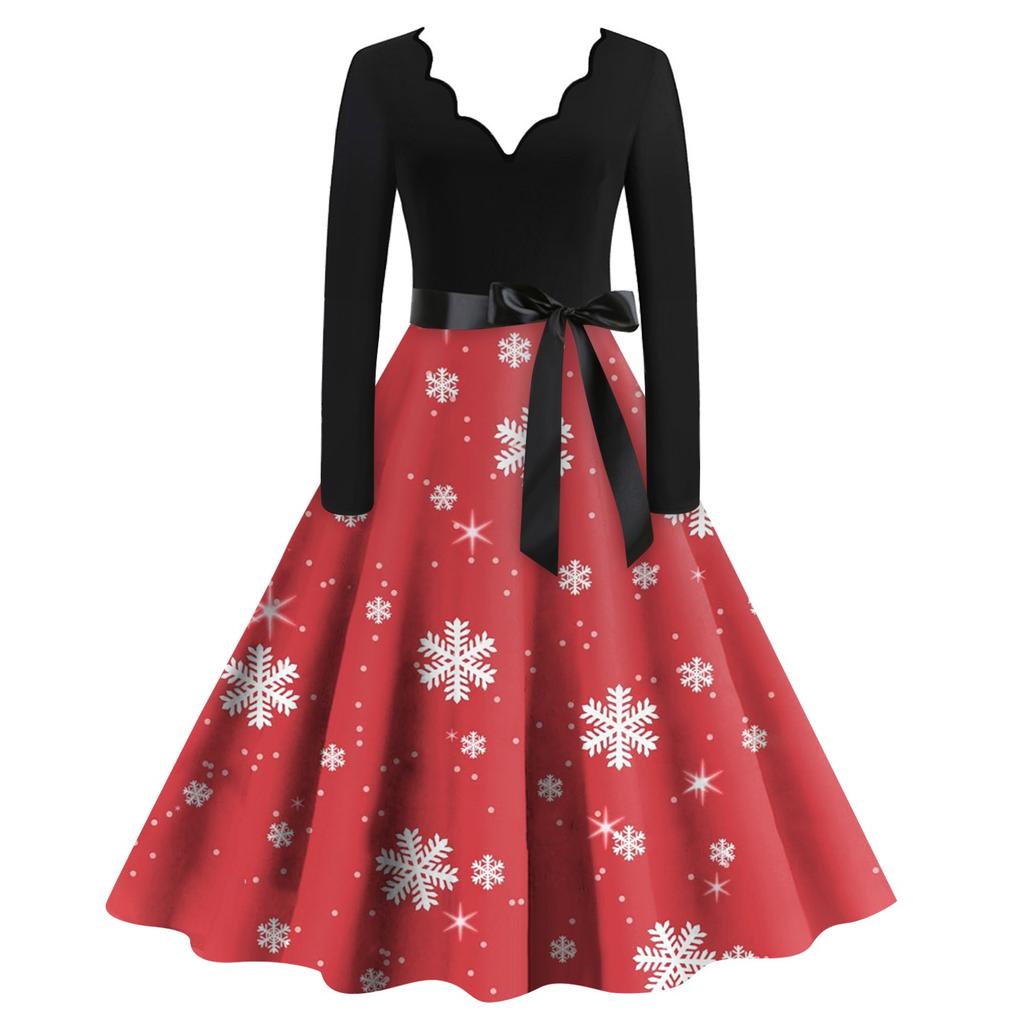 Женское женское повседневное модное рождественское платье в стиле ретро с v-образным вырезом и принтом