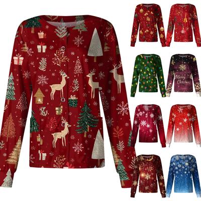 Женский повседневный однобортный однобортный защитная одежда с рождественским принтом и длинными рукавами, кардиган, топ