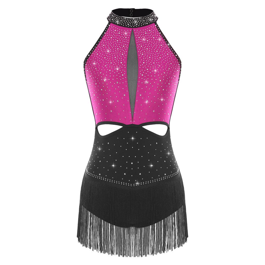 Женский латиноамериканский джазовый танцевальный купальник, полностью расшитый стразами, юбка с бахромой, открытая спина, контрастный боди