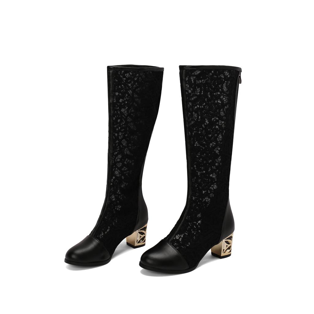Q/Women's High-heeled Boots, Sexy European and American Style, Thick Heels, Lace Patchwork, Oversized Hollow Out Cool Boots