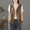 Literary Retro Hooded Linen Cardigan Vest Women's Casual Loose Spring and Autumn Stitching Sleeveless Vest Short Jacket
