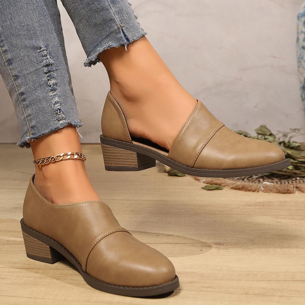 Fashion Women's Chic Pointed Toe Low Top Chunky Heel Shoes Side Cut Out Design Oxford Shoes Casual Open-toe Low-heeled Leather Shoes