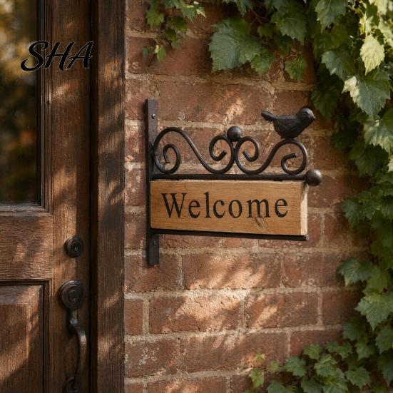 Rustic Wood Bird Sign Mini Welcome Sign, Retro Carved Wooden Panel with Iron Frame Wall Shaped Door Mounting for Outdoor Porch Courtyard Gates Fences,