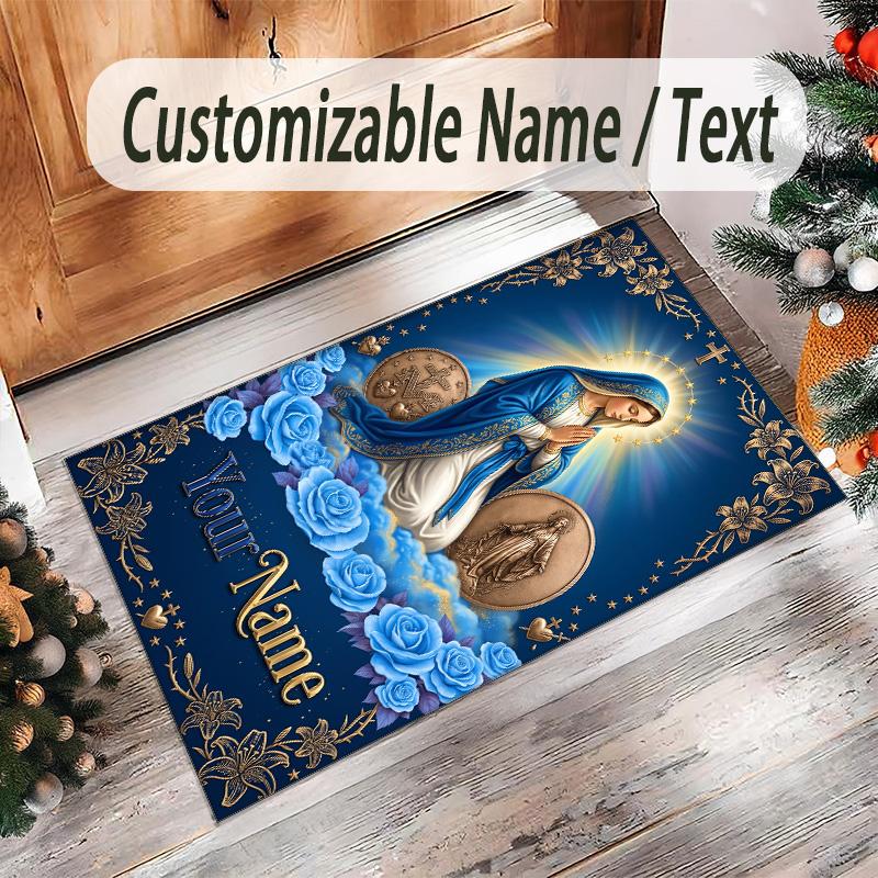 Virgin Mary Theme Crystal Velvet Rug Personalized Custom Name Text Soft Floor Mat Home Decor