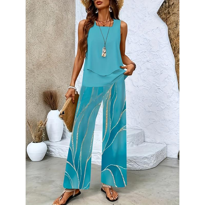 New spot European and American women's clothing hot-selling sleeveless double-layer vest pants set vacation