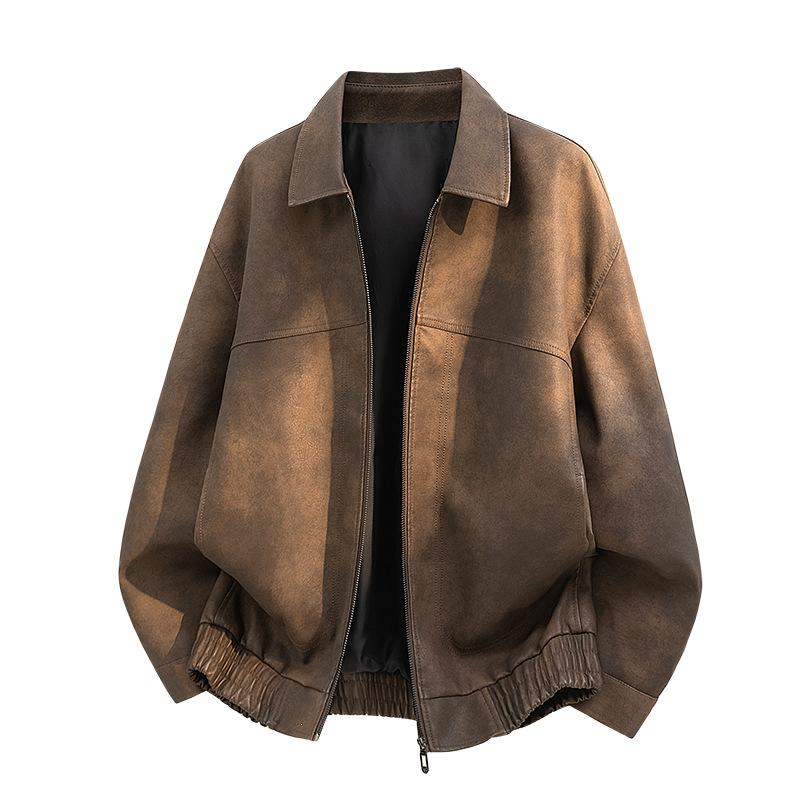 New PU leather jacket for men, American vintage workwear style, tough relaxed style, old money street style, minimalist