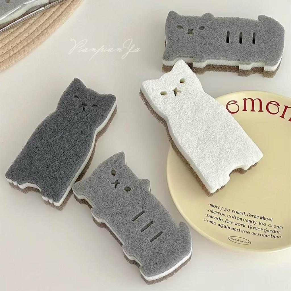 Cute Cat Sponge Scrubber: Double-Sided, Thick Scouring Pad for Kitchen and Dishwashing.