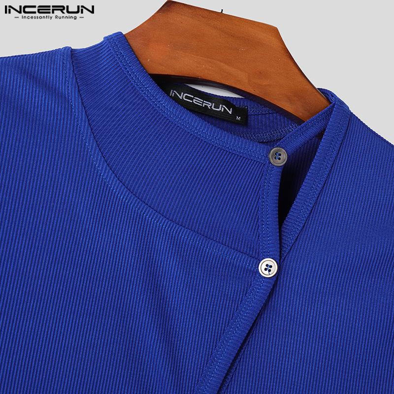 INCERUN Летние мужские повседневные футболки с воротником-стойкой и короткими рукавами с боковыми пуговицами в рубчик