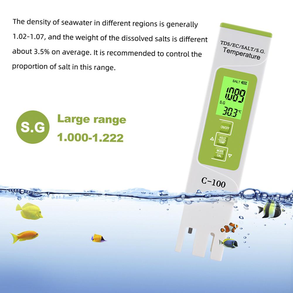 5 In 1 TDS EC SALT S.G. Temperature Meter Digital Water Quality Monitor Tester for Pools Drinking Water Aquariums with