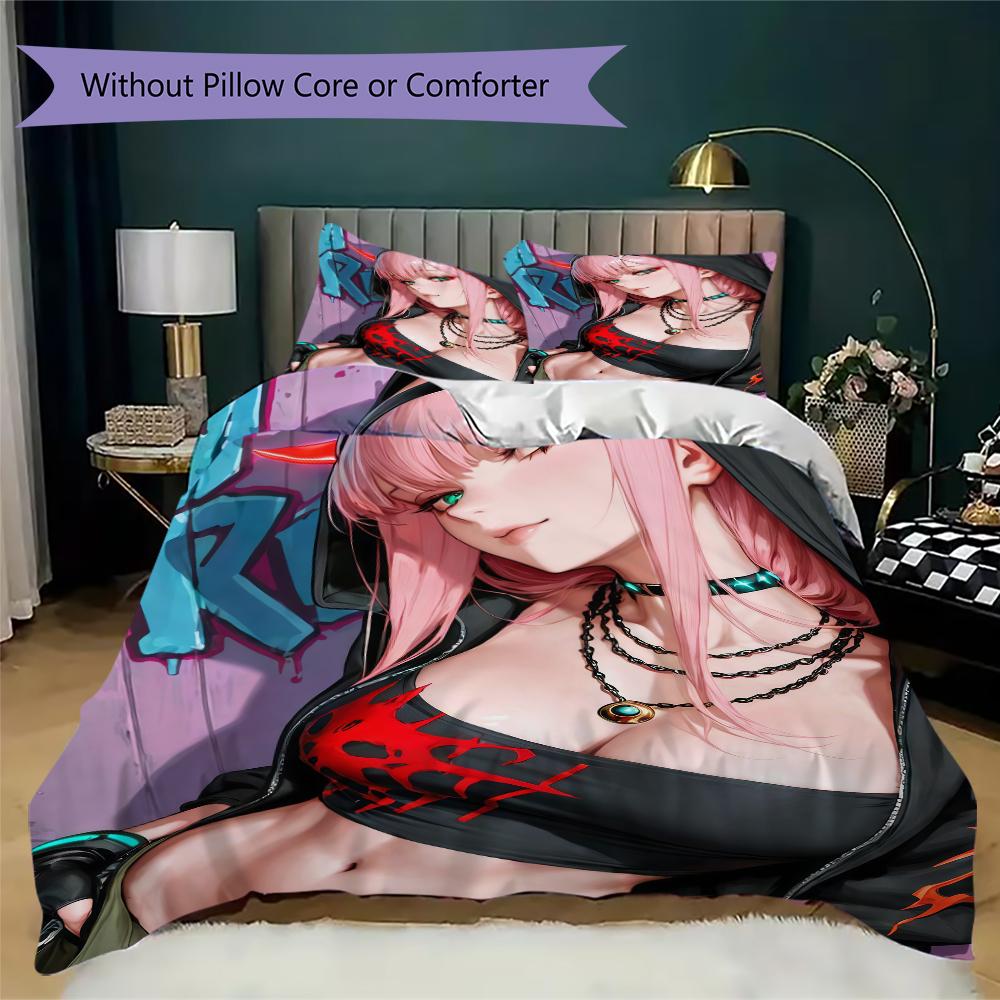 Darling In The Franxx Pattern Bedding uilt Set uilt Cover Pillowcase Home Decoration Birthday Gift (1 * duvet cover + 2 * pillowcase without core)