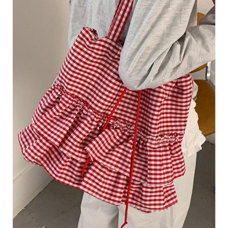 Клетчатая холщовая сумка, женская модная сумка-тоут, большая вместительная кружевная сумка