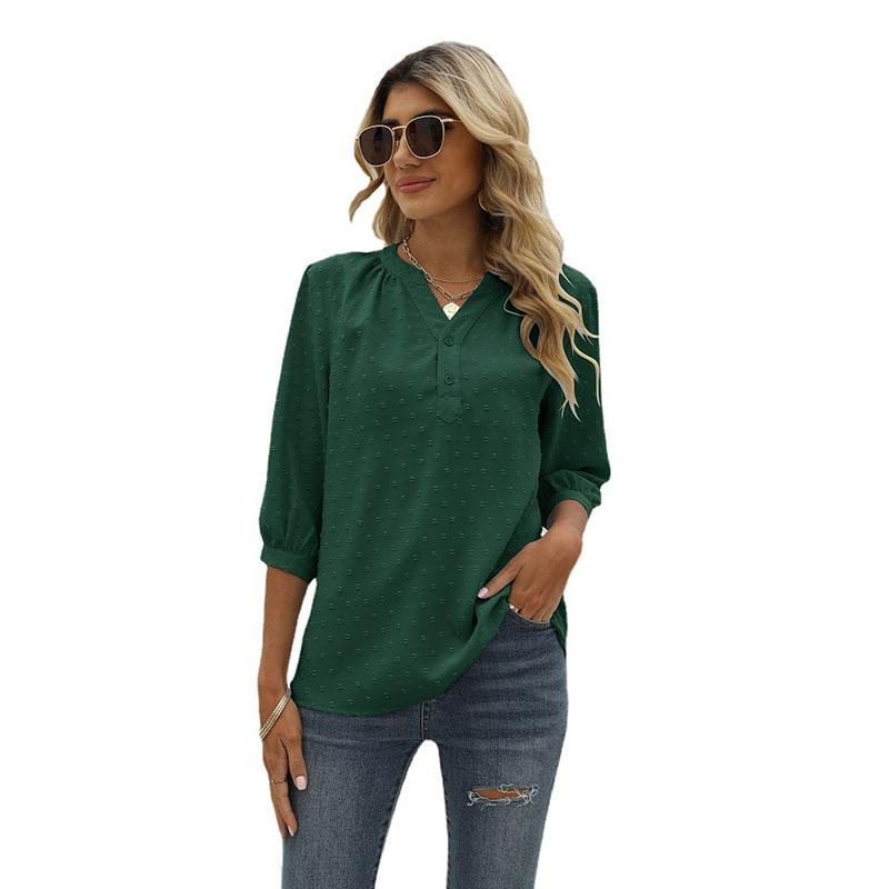 Весенне-летняя женская футболка с воротником-стойкой, рубашка со средними рукавами, жаккардовая повседневная блузка с комочком волос, свободный топ, рубашка