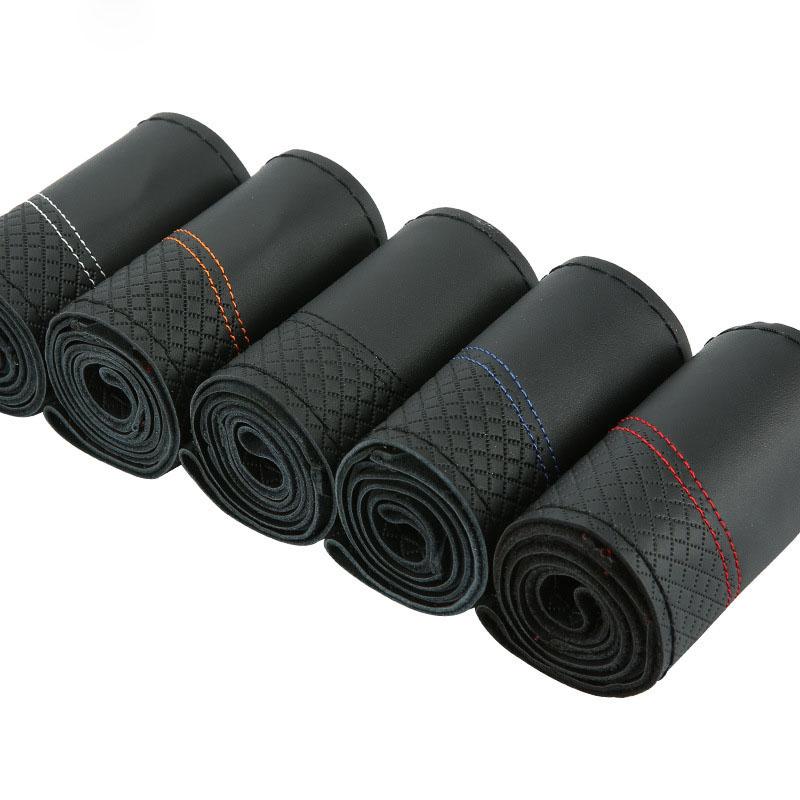 Genuine Leather Braid Steering Wheel Cover 15 Inch Embossing Hand Stitch Car Steering Wheel Interior Accessories