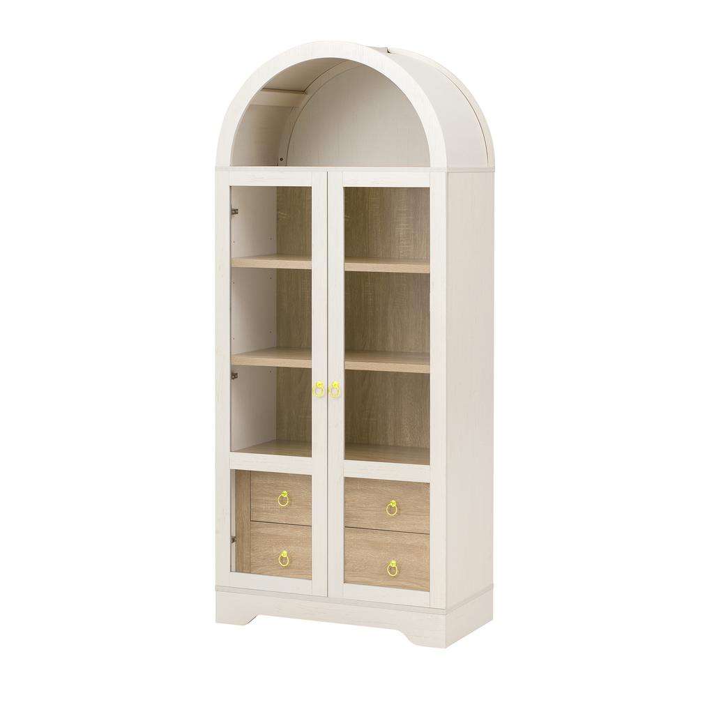 Highboard with adjustable shelves and drawers, with transparent glass and large storage space, ideal for dining room, living room and kitchen (white)