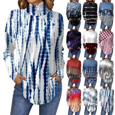 Женская мода Свободная футболка с длинным рукавом с высоким воротом и принтом Повседневные топы Пуловер