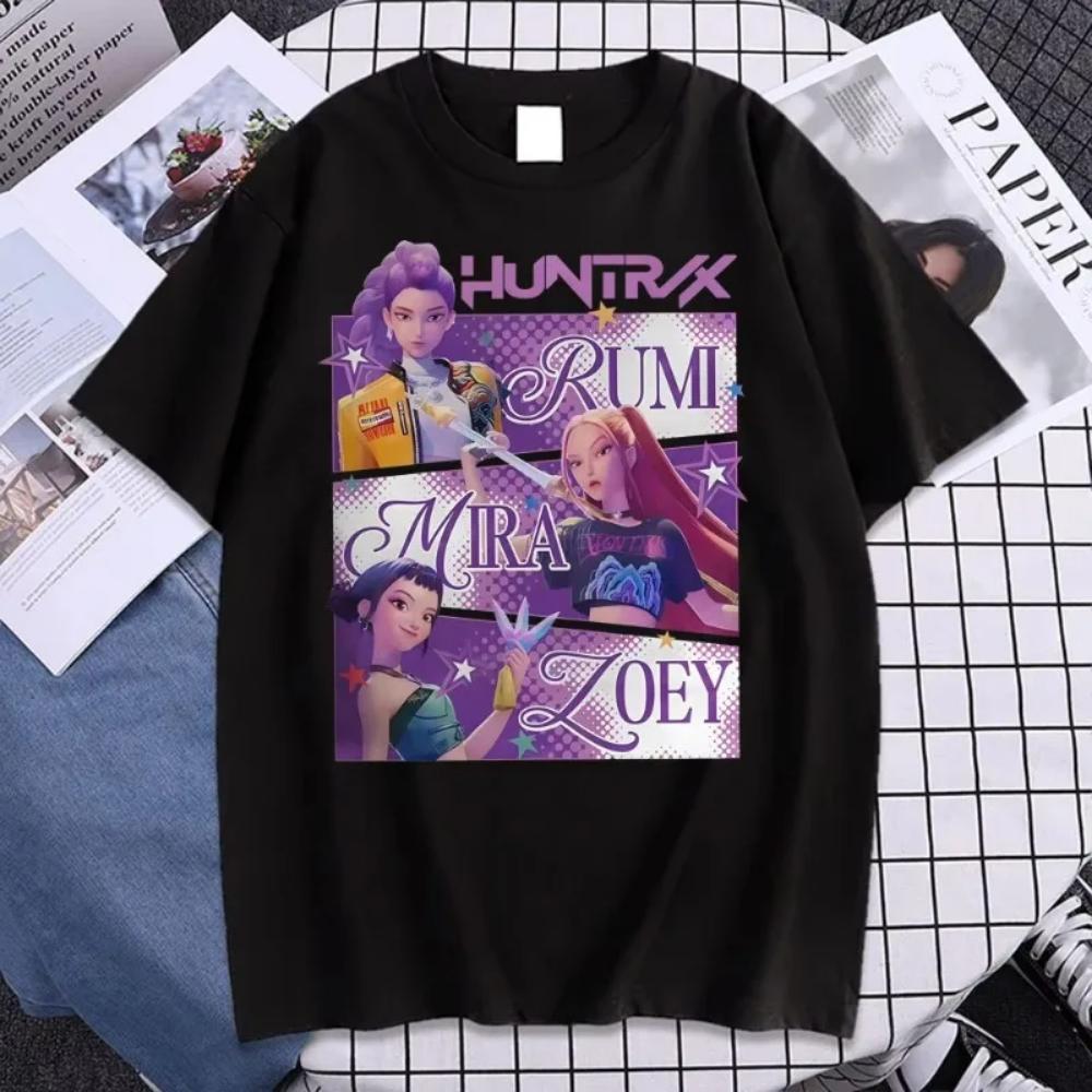 Модная K-pop футболка Охотники на демонов Huntrix Girl Rumi Zoey Mira Графическая футболка Мужская Женская 100% Хлопок Корейская уличная одежда Топ