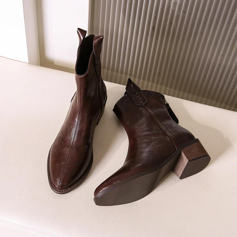 Французские кожаные короткие остроносые ботинки в стиле вестерн, женские туфли на среднем каблуке, облегающие, черные/коричневые, с застежкой-молнией сзади, размер 43