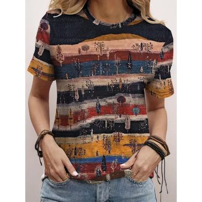 Футболка большого размера весна/лето с ретро-принтом, повседневная, женская, с V-образным вырезом и короткими рукавами