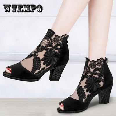 Сандалии, женские туфли с открытым носком, босоножки большого размера на среднем каблуке, обувь из дышащей сетки, женские кружевные туфли на высоком каблуке, пикантные универсальные туфли