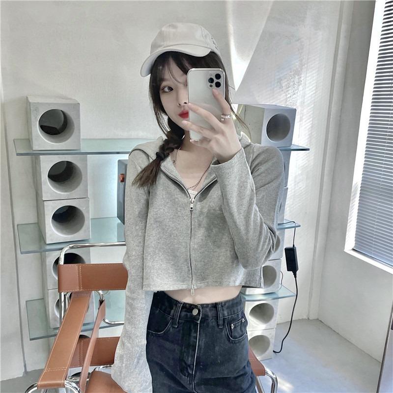 Cc кардиган с капюшоном женский тонкий на молнии короткий хлопковый топ куртка поддержка