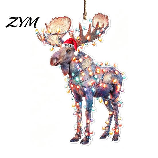 Year of 2026 Commemorative Keepsakes Christmas Animal Hanging Ornaments with Lanyard, Cute Double Sided Pendant Festive Wall Decor Santa Hat, 2D Flat