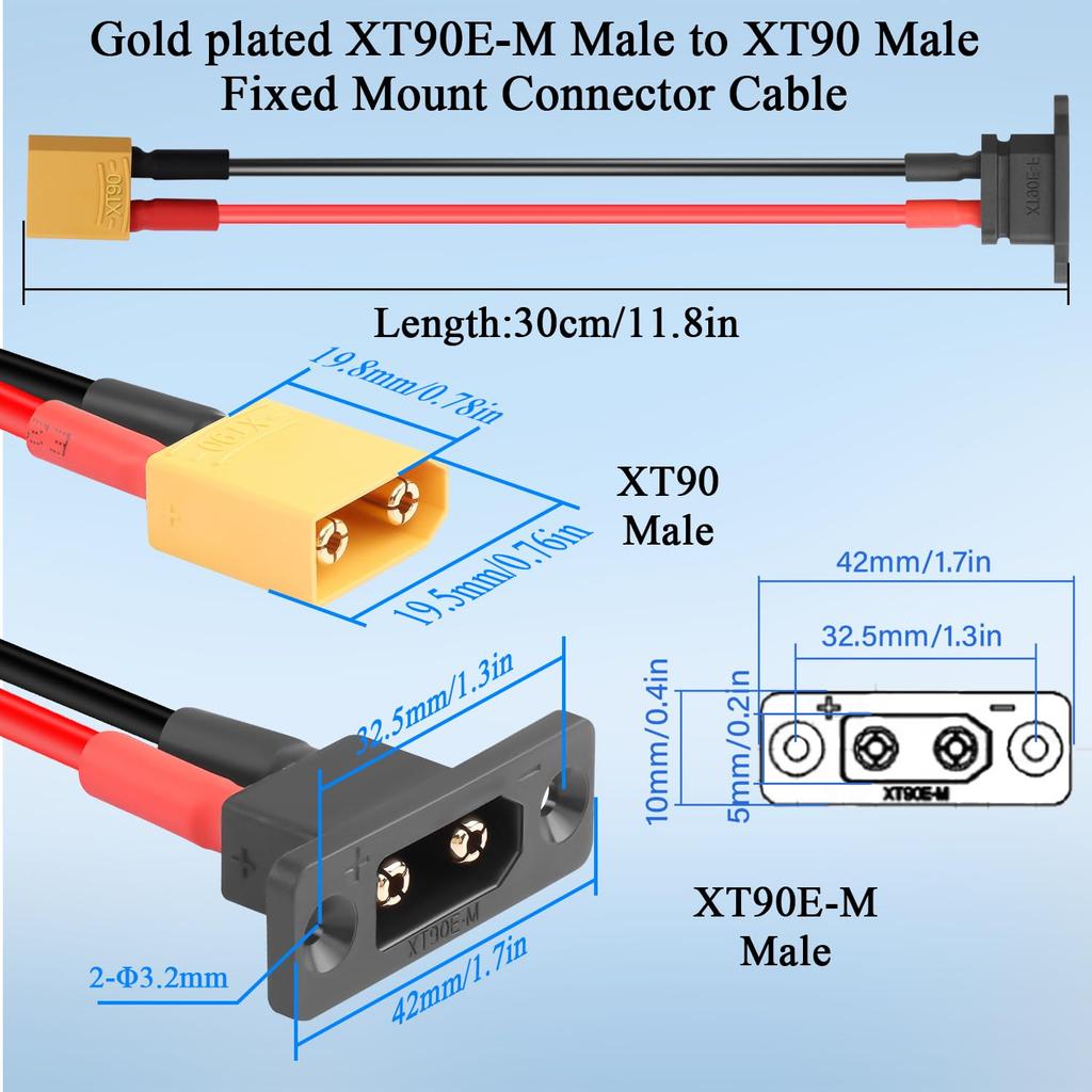 Кабель XT90E-M Папа на XT90 Папа 30см 10AWG Позолоченный с Креплением на Панель, Защитным Колпачком – RC Адаптер для Lipo Аккумулятора