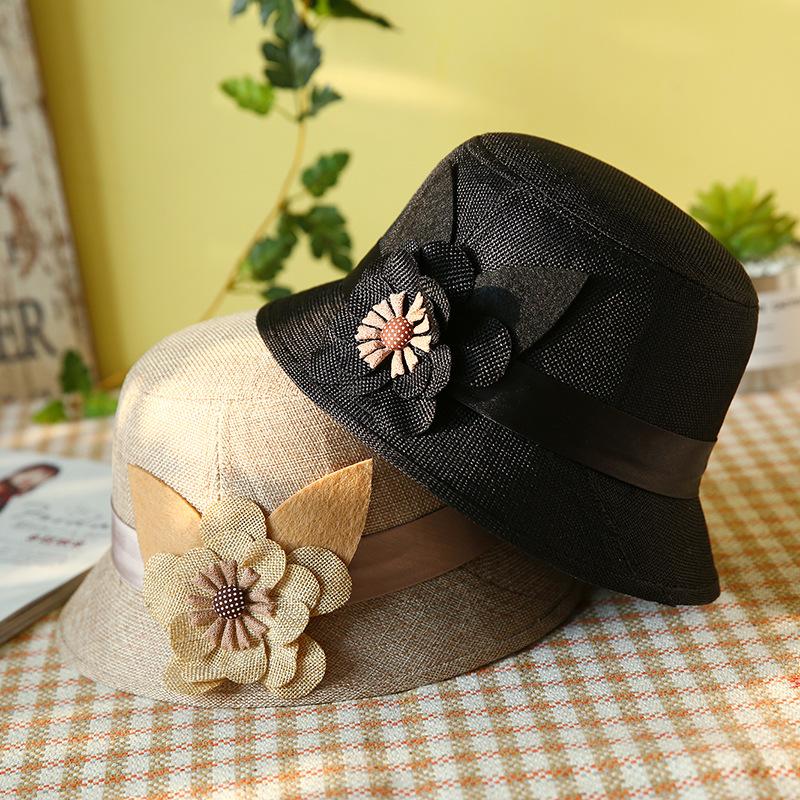 Middle-aged and elderly women's spring and summer sun hat sunscreen linen top hat three-dimensional flower pot hat