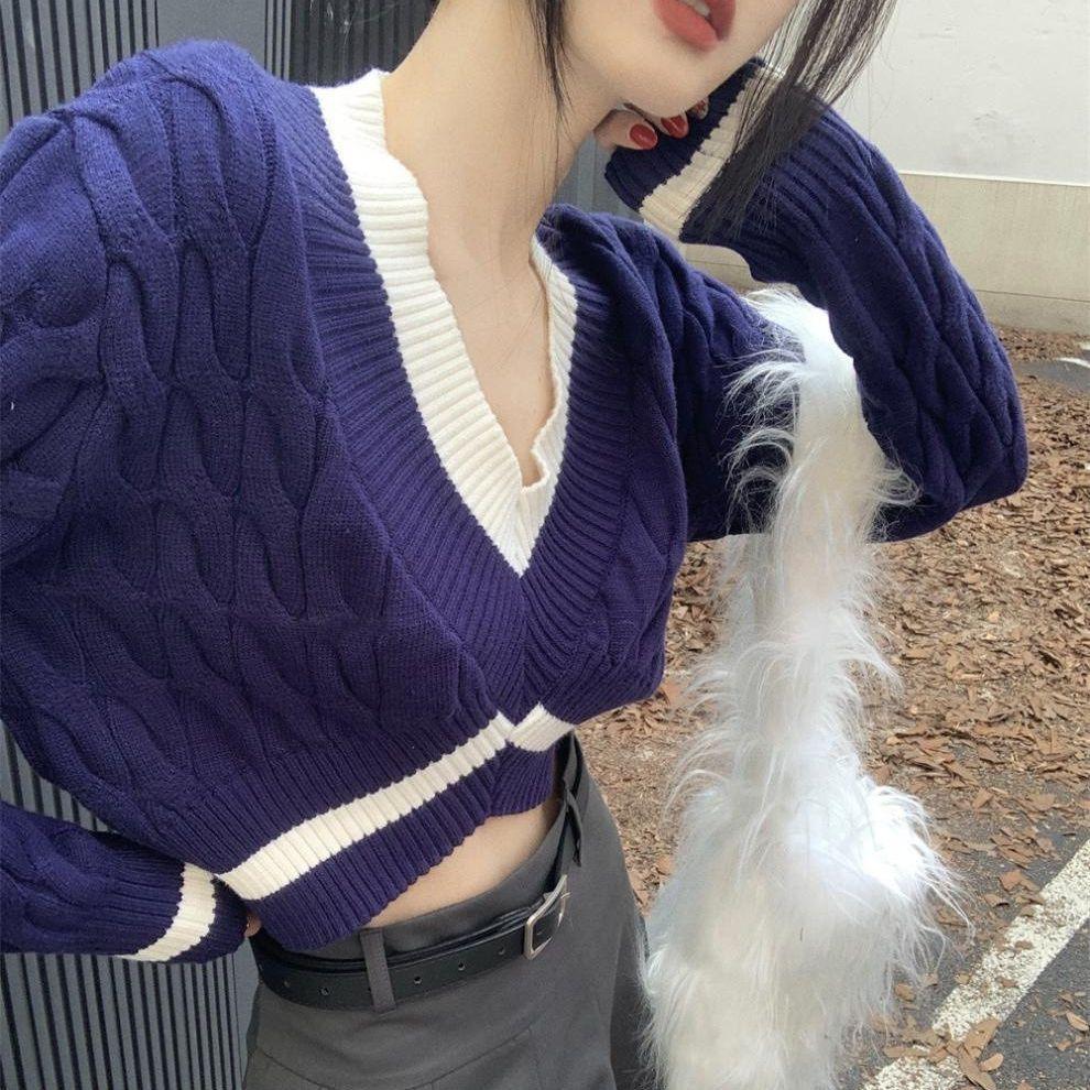 Striped Crop Sweater Women Patchwork Y2K Oversize V-neck Pullover Jumper Basic Loose Knitted Sweaters Tops