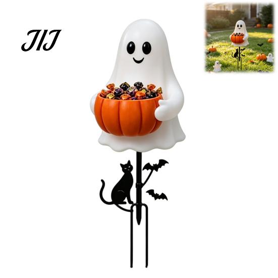 Weather Resistant Yard Art Halloween Ghost Candy Bowl Garden Stake, 2D Flat Pumpkin Holder with Cat Cute Decor And Bats, Trick or Treat for