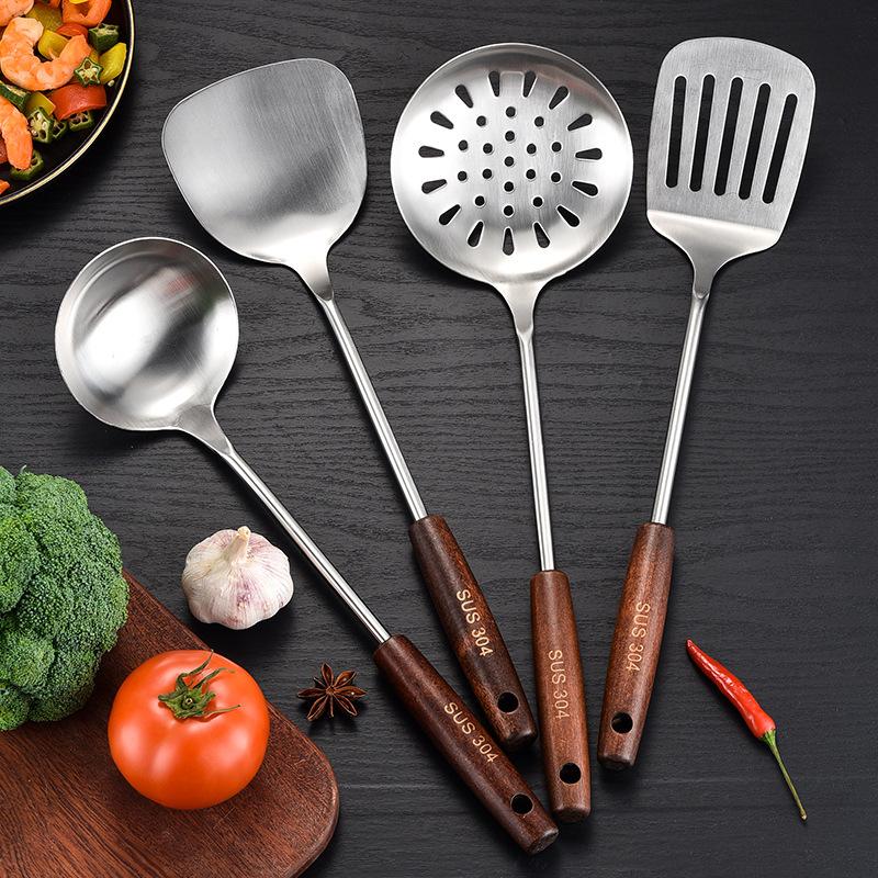 304 Stainless Steel Cooking Utensil Set Vintage Wooden Handle Kitchen Tools